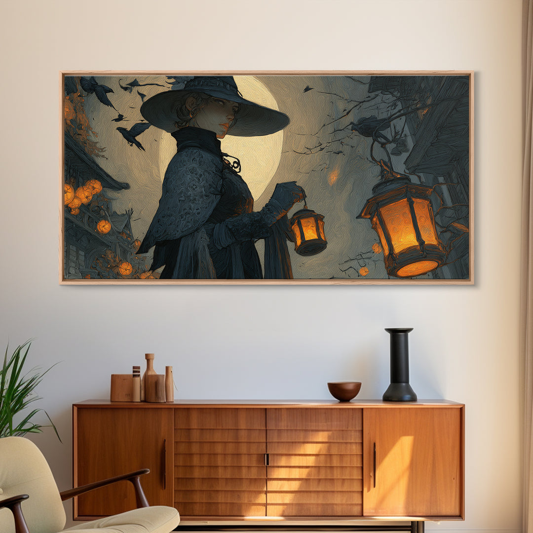 The Lantern Mage, Wide Panoramic Art, Dark Halloween Decor, Canvas Print, Halloween Wall Decor, Gothic Home Decor, Seasonal Home Decor