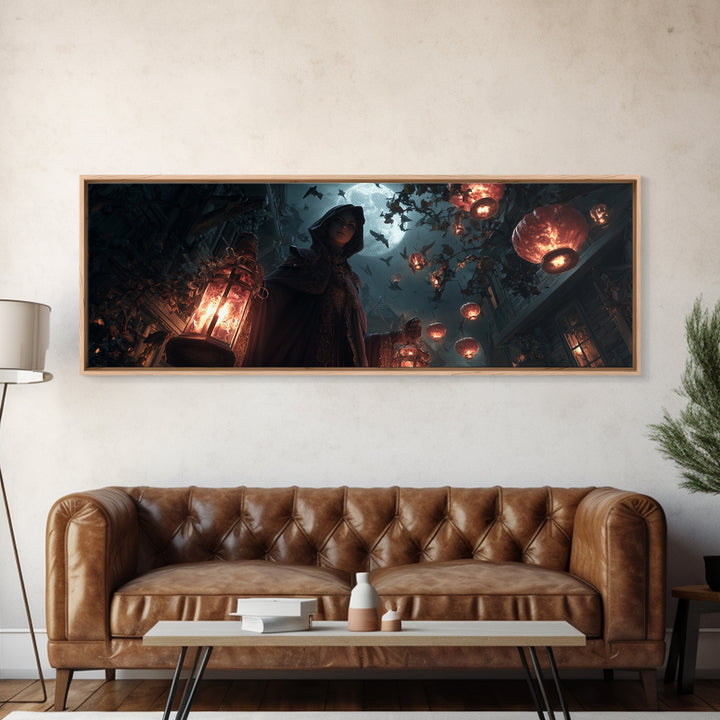 The Lantern Mage, Extra Wide Wall Art, Gothic Horror Wall Art, Framed Canvas Print, Halloween Wall Decor, Gothic Home Decor