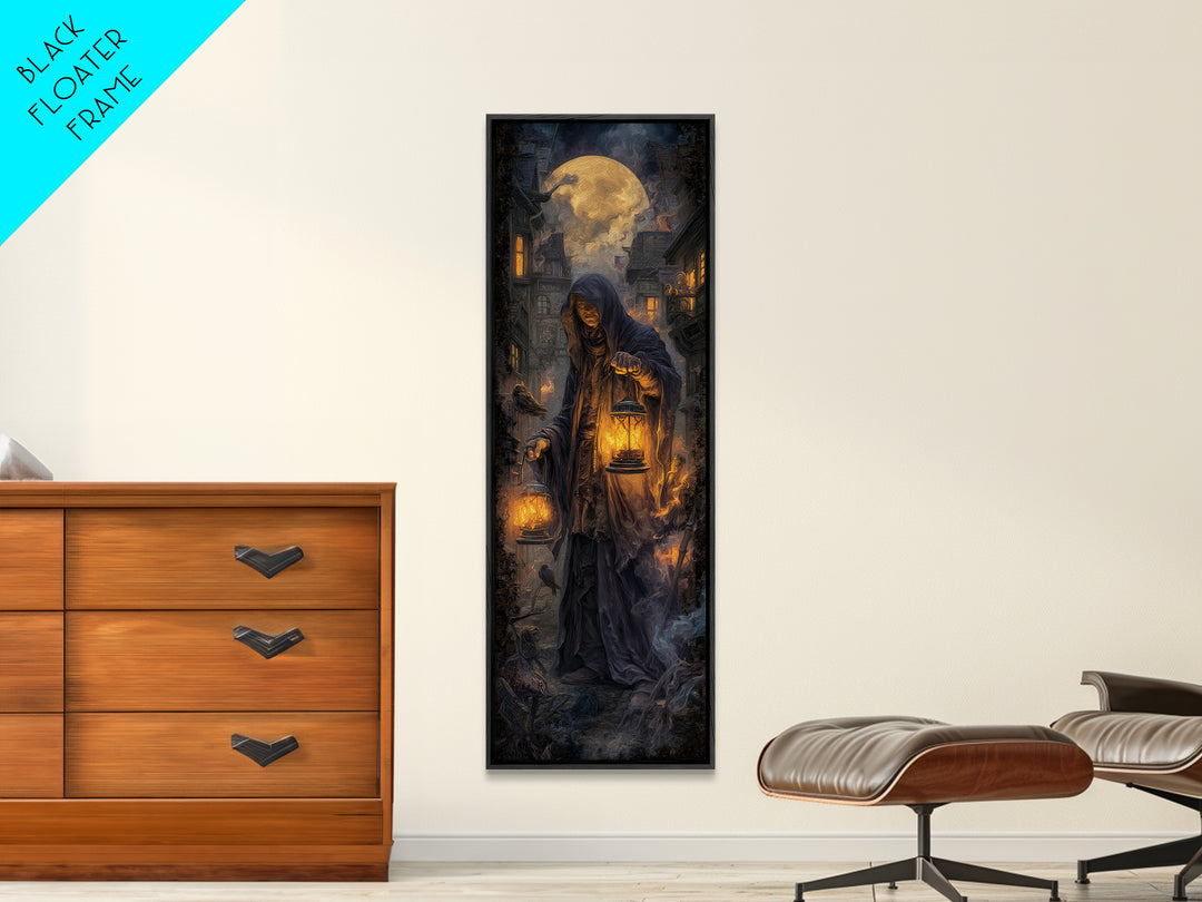 The Lantern Mage, Tall Narrow Wall Art, Dark Fantasy Wall Art, Canvas Print, Halloween Wall Decor, Gothic Home Decor, Dark Fantasy Art