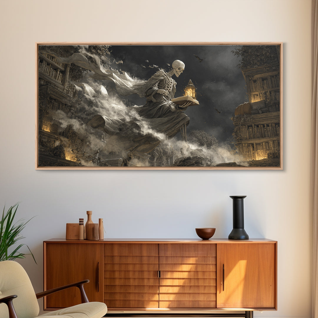 The Crypt Librarian, Wide Panoramic Art, Gothic Horror Wall Art, Framed Canvas Print, Halloween Wall Decor, Gothic Home Decor