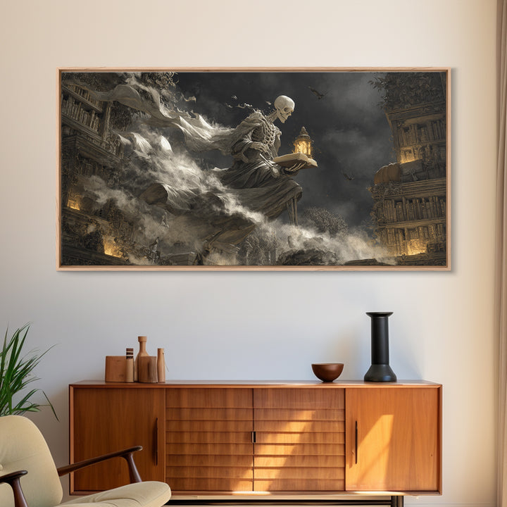 The Crypt Librarian, Wide Panoramic Art, Gothic Horror Wall Art, Framed Canvas Print, Halloween Wall Decor, Gothic Home Decor