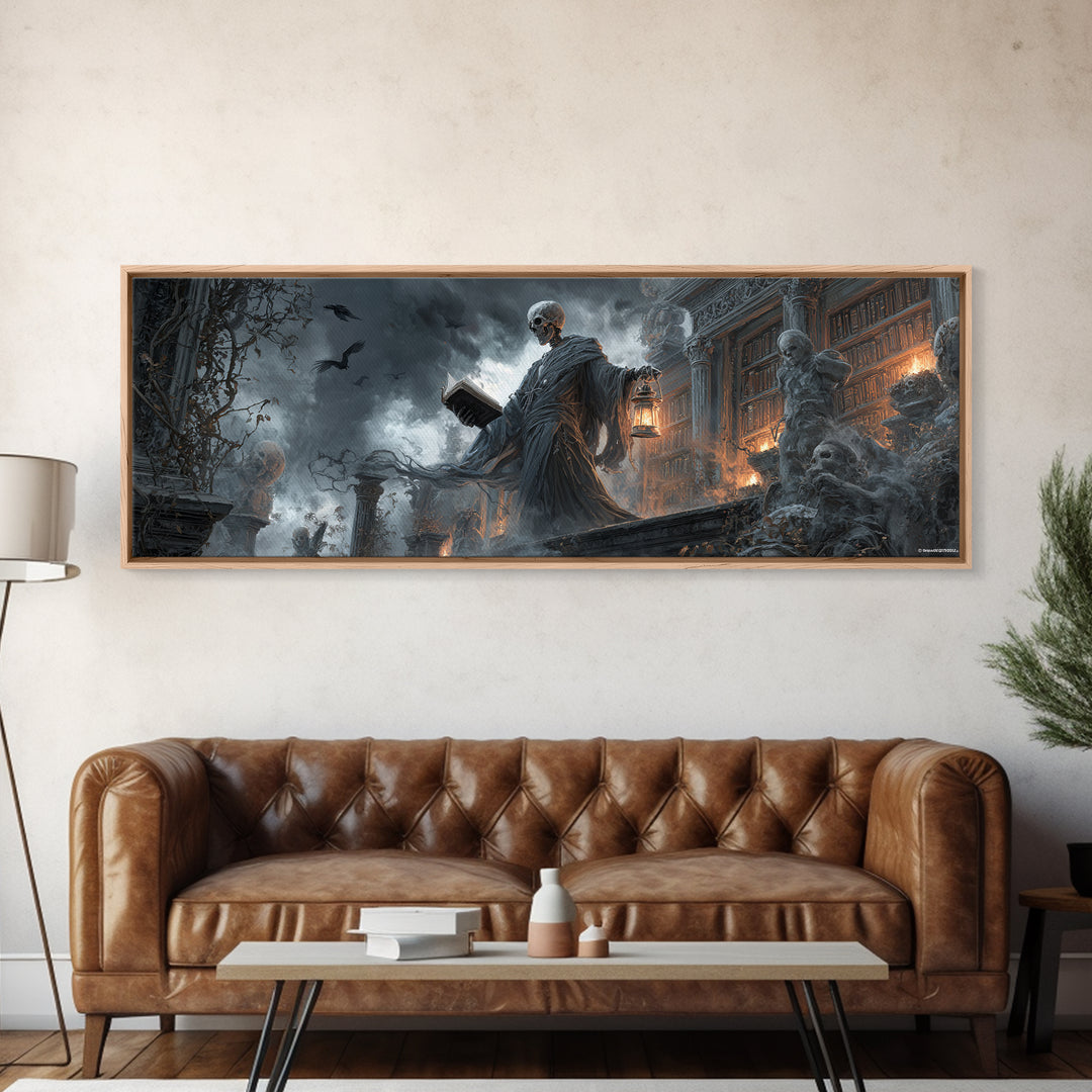 The Crypt Librarian, Extra Wide Wall Art, Macabre Wall Art, Framed Canvas Print, Halloween Wall Decor, Gothic Home Decor, Spooky Wall Decor