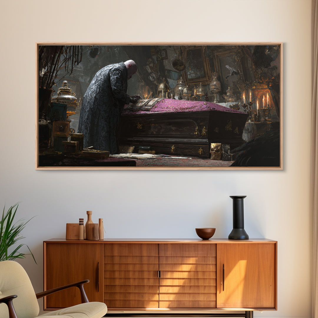 The Royal Coffin Maker, Wide Panoramic Art, Macabre Wall Art, Framed Canvas Print, Halloween Wall Decor, Gothic Home Decor, Halloween Decor