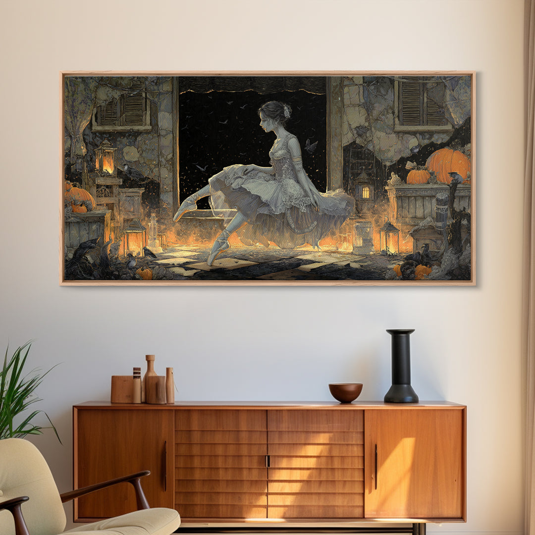 The Phantom Ballerina, Wide Panoramic Art, Haunted Gothic Art, Framed Canvas Print, Halloween Wall Decor, Gothic Home Decor