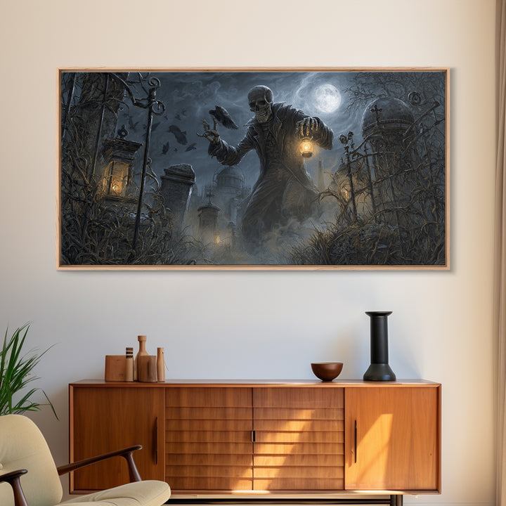 The Skull Astronomer, Wide Panoramic Art, Gothic Horror Wall Art, Framed Canvas Print, Halloween Wall Decor, Gothic Home Decor