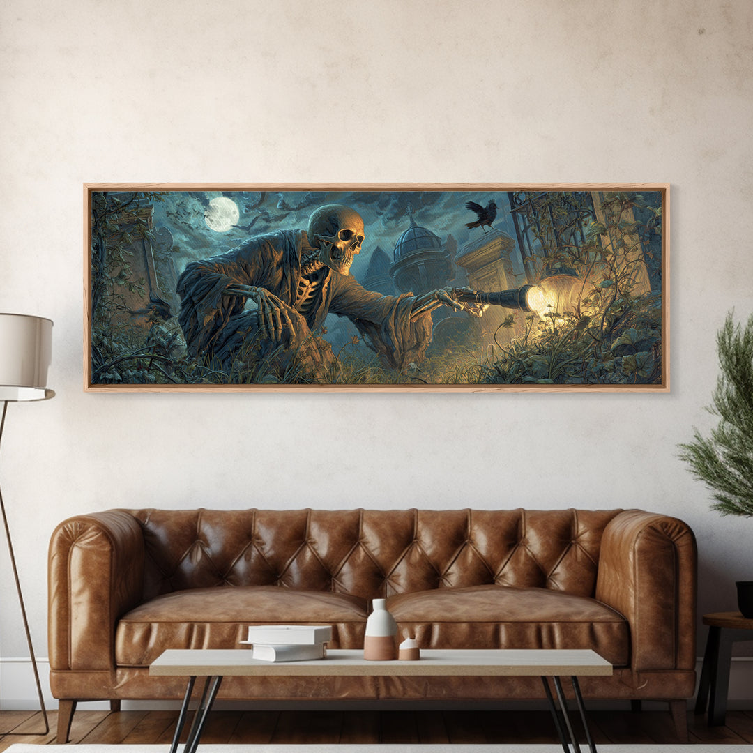 The Skull Astronomer, Extra Wide Wall Art, Dark Halloween Decor, Canvas Print, Halloween Wall Decor, Gothic Home Decor, Dark Fantasy Art