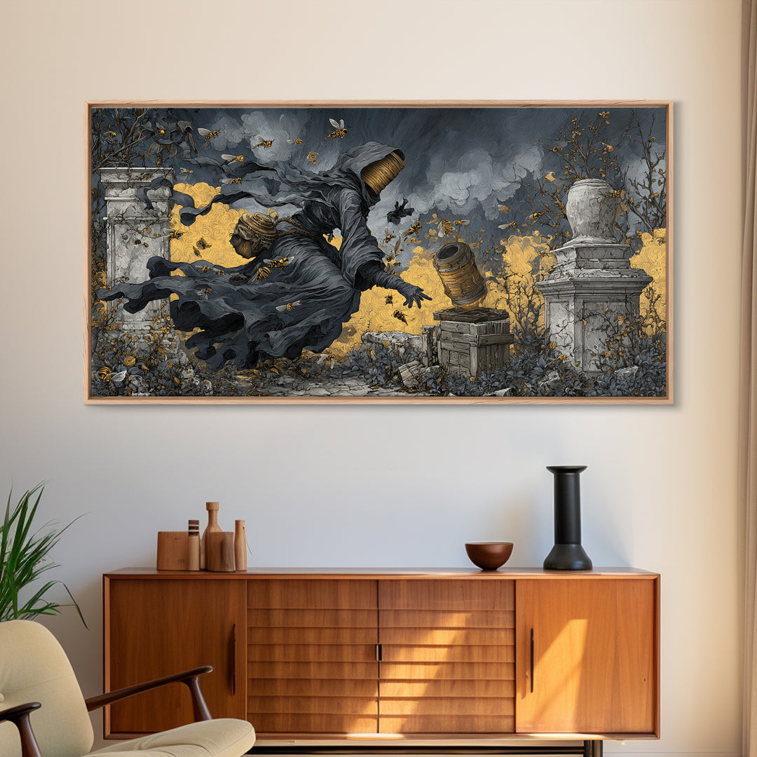 The Cemetery Beekeeper, Wide Panoramic Art, Dark Fantasy Wall Art, Canvas Print, Halloween Wall Decor, Gothic Home Decor