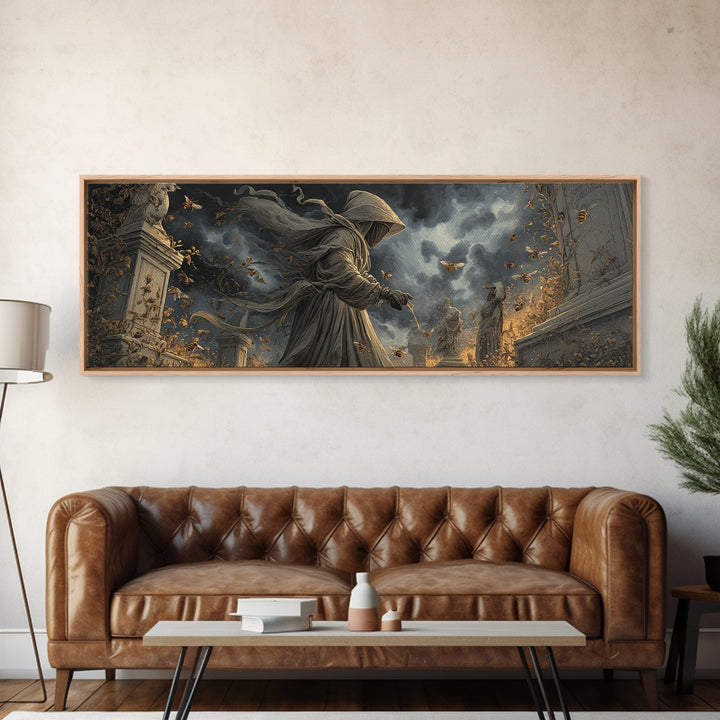 The Cemetery Beekeeper, Extra Wide Wall Art, Spooky Home Decor, Canvas Print, Halloween Wall Decor, Gothic Home Decor, Statement Wall Art