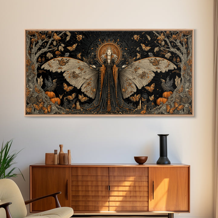 The Moth-Winged Empress, Wide Panoramic Art, Gothic Horror Wall Art, Framed Canvas Print, Halloween Wall Decor, Gothic Home Decor