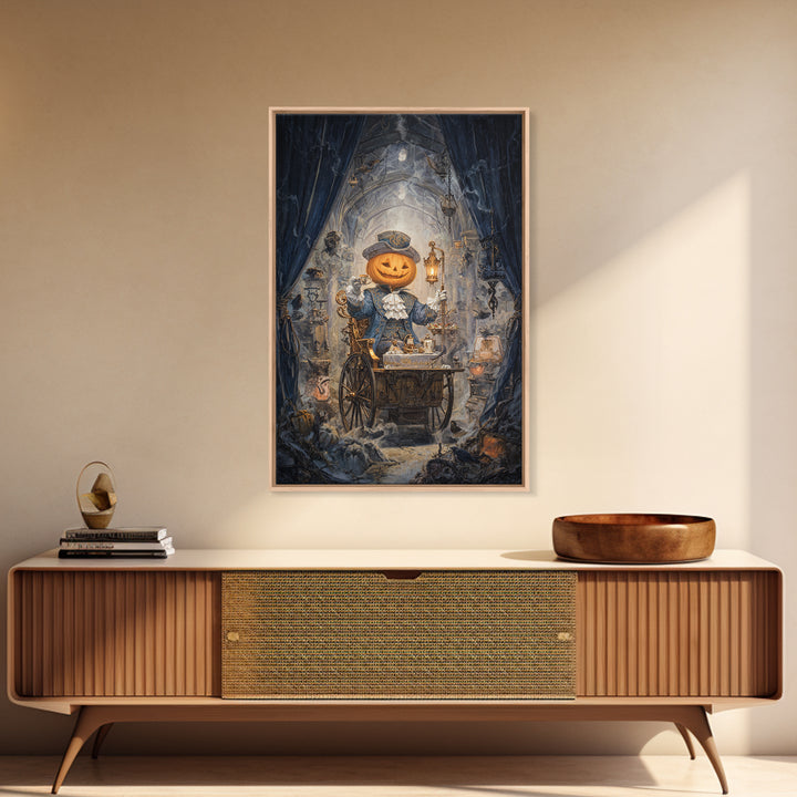 The Pumpkin-Headed Tea Merchant, Vertical Wall Art, Macabre Wall Art, Framed Canvas Print, Halloween Wall Decor, Gothic Home Decor