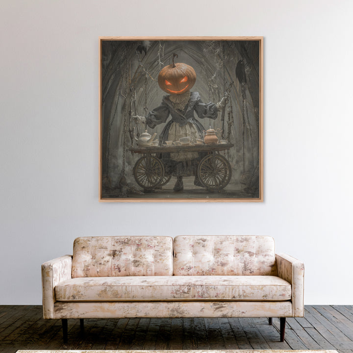 The Pumpkin-Headed Tea Merchant, Square Wall Art, Dark Fantasy Wall Art, Canvas Print, Halloween Wall Decor, Gothic Home Decor