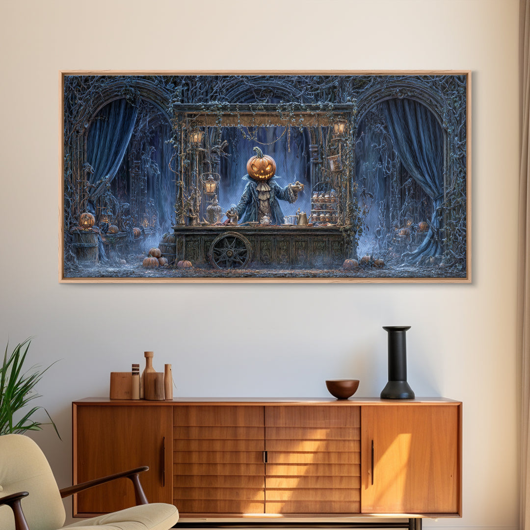 The Pumpkin-Headed Tea Merchant, Wide Panoramic Art, Dark Halloween Decor, Canvas Print, Halloween Wall Decor, Gothic Home Decor