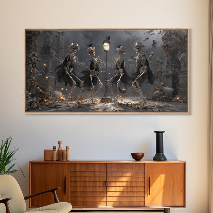 The Skeleton Barbershop Quartet, Wide Panoramic Art, Macabre Wall Art, Framed Canvas Print, Halloween Wall Decor, Gothic Home Decor