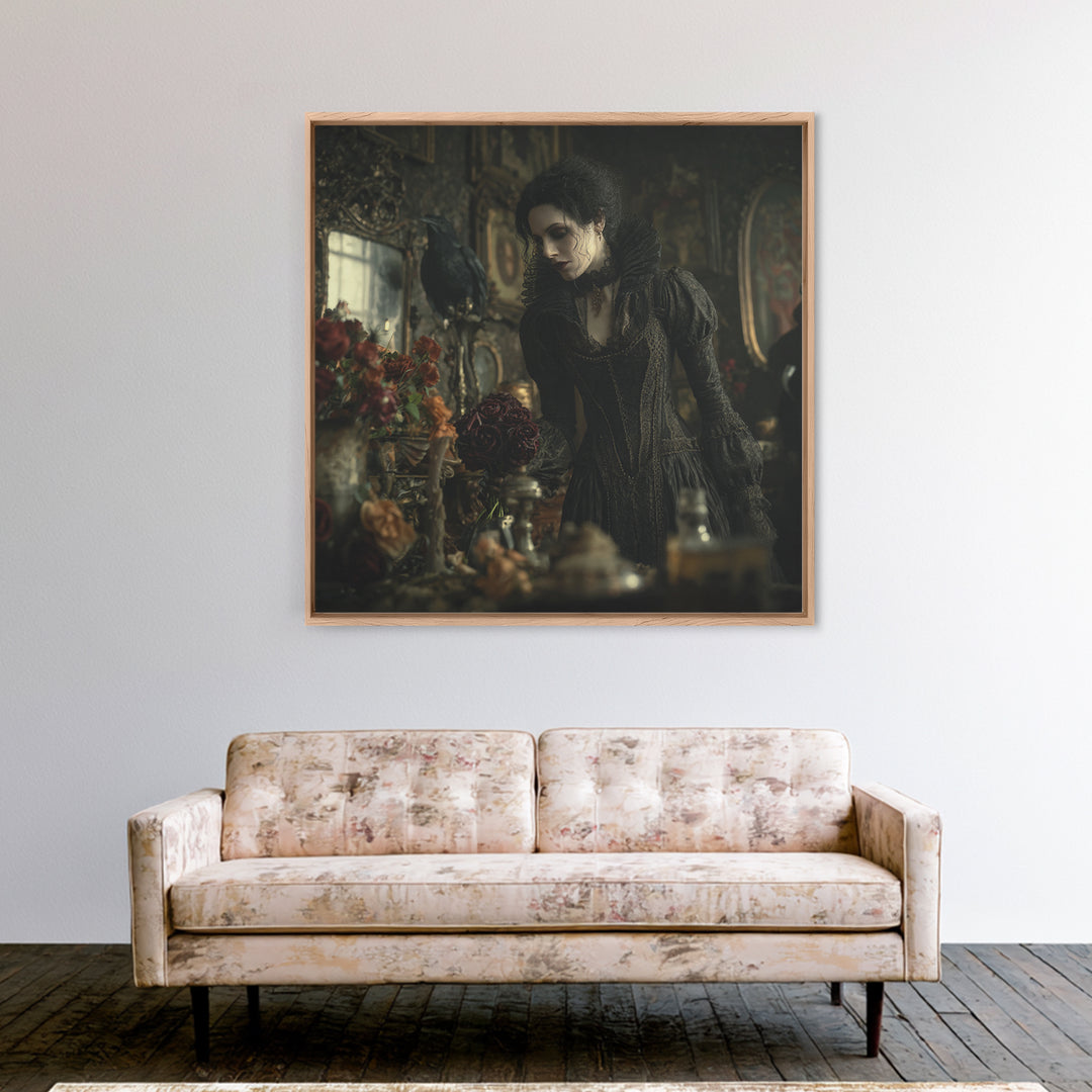 The Vampire Florist, Square Wall Art, Gothic Horror Wall Art, Framed Canvas Print, Halloween Wall Decor, Gothic Home Decor