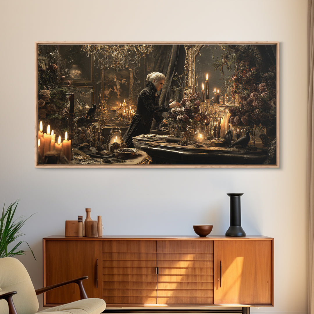 The Vampire Florist, Wide Panoramic Art, Dark Halloween Decor, Canvas Print, Halloween Wall Decor, Gothic Home Decor, Macabre Wall Art