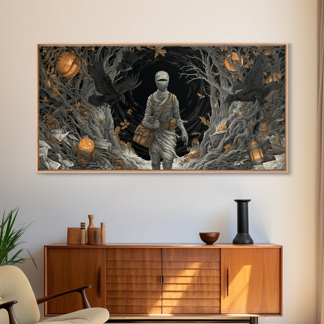 The Mummy Mail Carrier, Wide Panoramic Art, Dark Fantasy Wall Art, Canvas Print, Halloween Wall Decor, Gothic Home Decor, Spooky Wall Decor