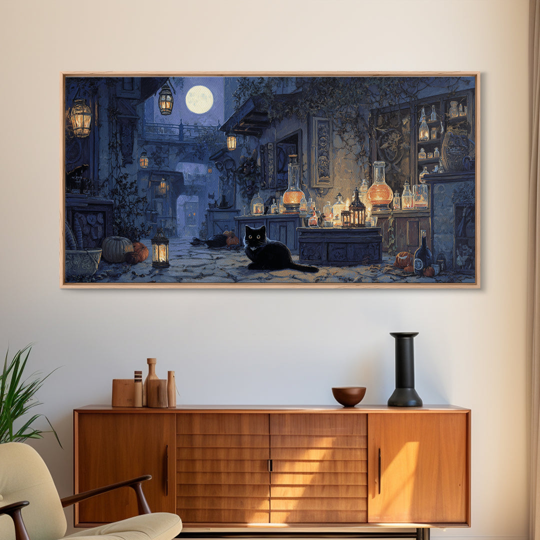 The Witch'S Cat Cafe, Wide Panoramic Art, Dark Fantasy Wall Art, Canvas Print, Halloween Wall Decor, Gothic Home Decor, Macabre Wall Art