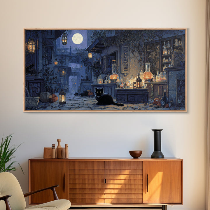 The Witch'S Cat Cafe, Wide Panoramic Art, Dark Fantasy Wall Art, Canvas Print, Halloween Wall Decor, Gothic Home Decor, Macabre Wall Art