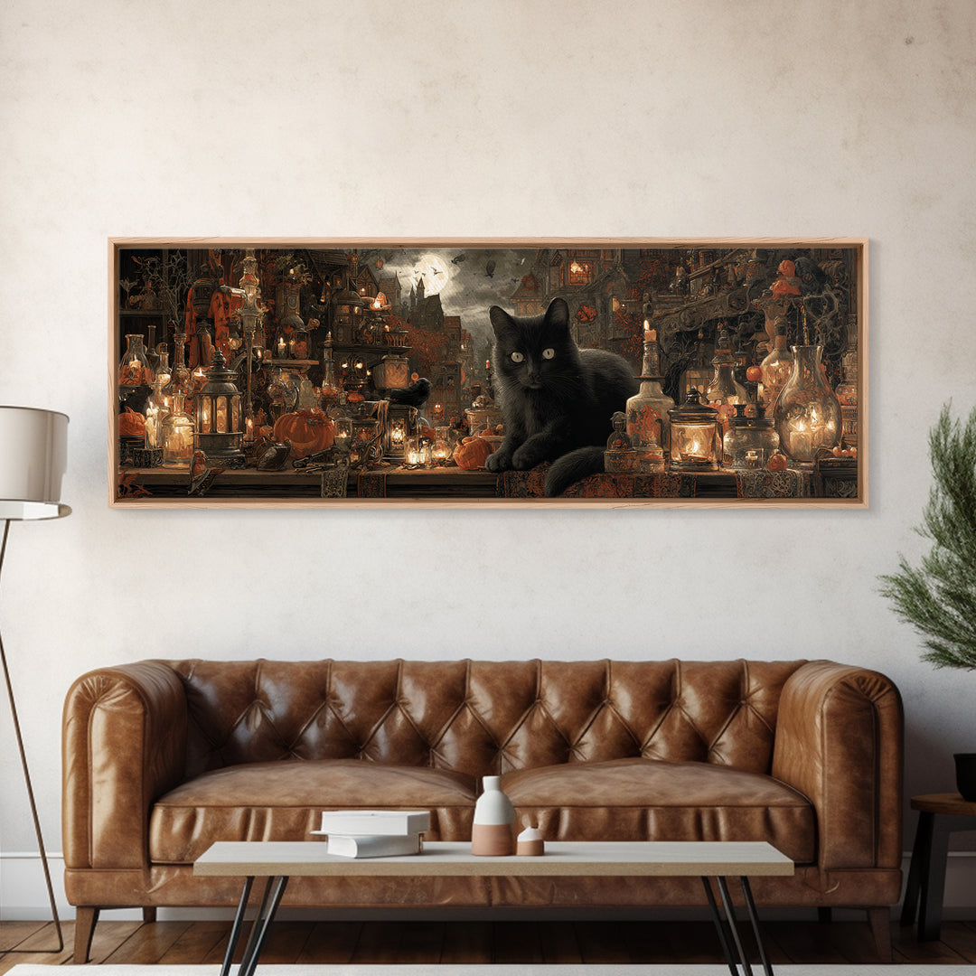 The Witch'S Cat Cafe, Extra Wide Wall Art, Dark Fantasy Wall Art, Canvas Print, Halloween Wall Decor, Gothic Home Decor, Dark Fantasy Art
