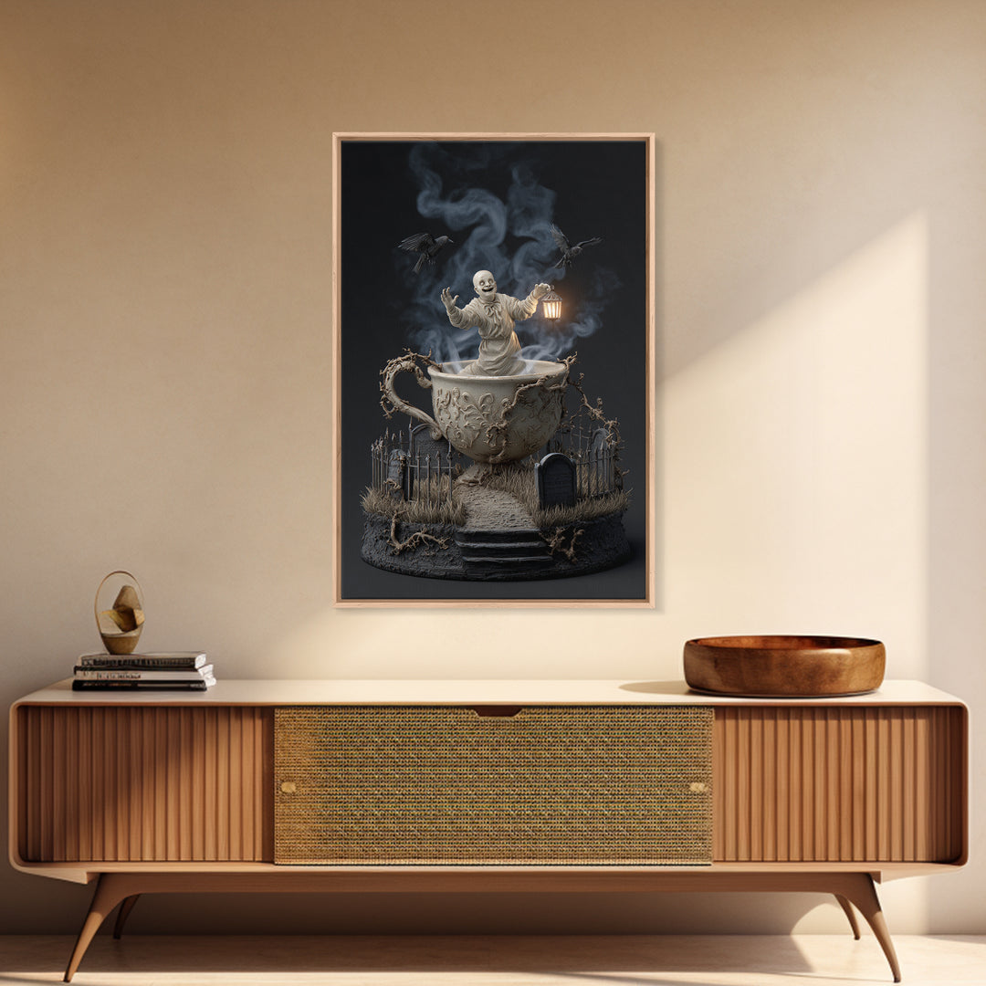 Tiny Ghosts In Teacups, Vertical Wall Art, Dark Fantasy Wall Art, Canvas Print, Halloween Wall Decor, Gothic Home Decor, Macabre Wall Art