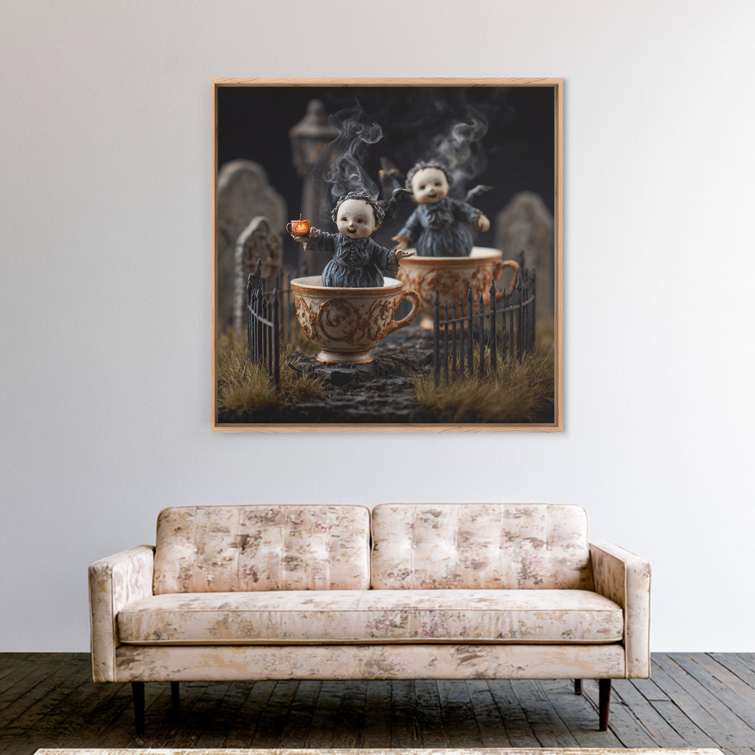 Tiny Ghosts In Teacups, Square Wall Art, Spooky Home Decor, Canvas Print, Halloween Wall Decor, Gothic Home Decor, Horror Wall Art