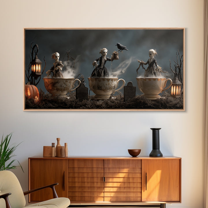 Tiny Ghosts In Teacups, Wide Panoramic Art, Haunted Gothic Art, Framed Canvas Print, Halloween Wall Decor, Gothic Home Decor