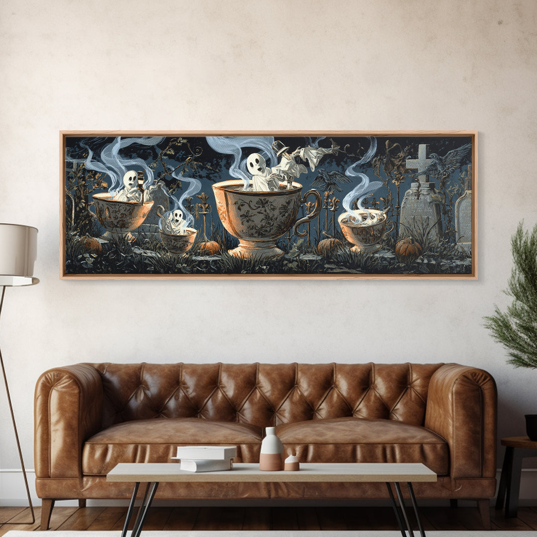 Tiny Ghosts In Teacups, Extra Wide Wall Art, Spooky Home Decor, Canvas Print, Halloween Wall Decor, Gothic Home Decor, Spooky Wall Decor