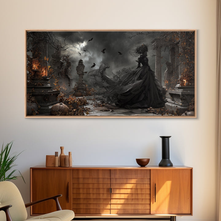 The Spider Sewing Circle, Wide Panoramic Art, Haunted Gothic Art, Framed Canvas Print, Halloween Wall Decor, Gothic Home Decor