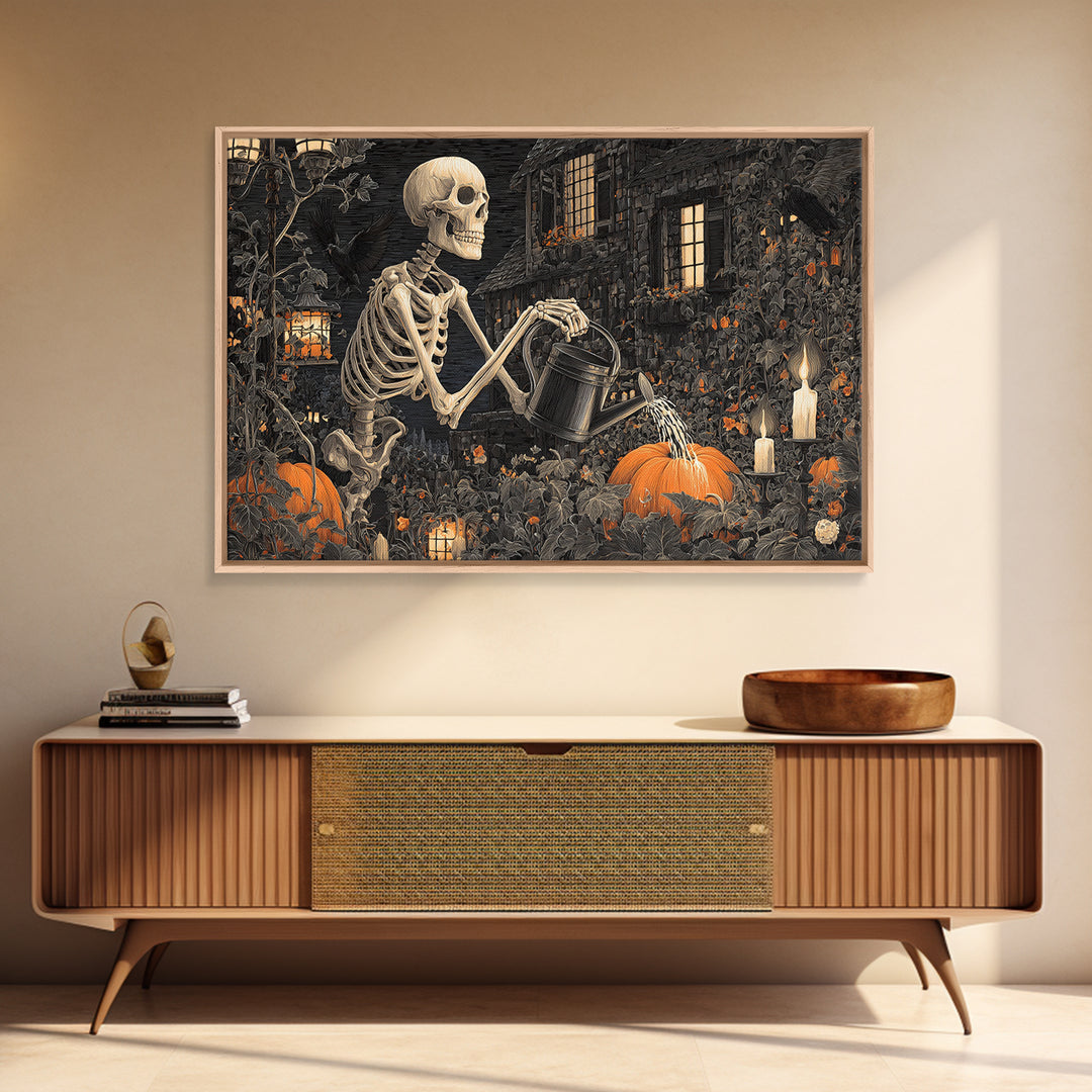 The Skeleton Gardeners, Landscape Wall Art, Gothic Horror Wall Art, Framed Canvas Print, Halloween Wall Decor, Gothic Home Decor