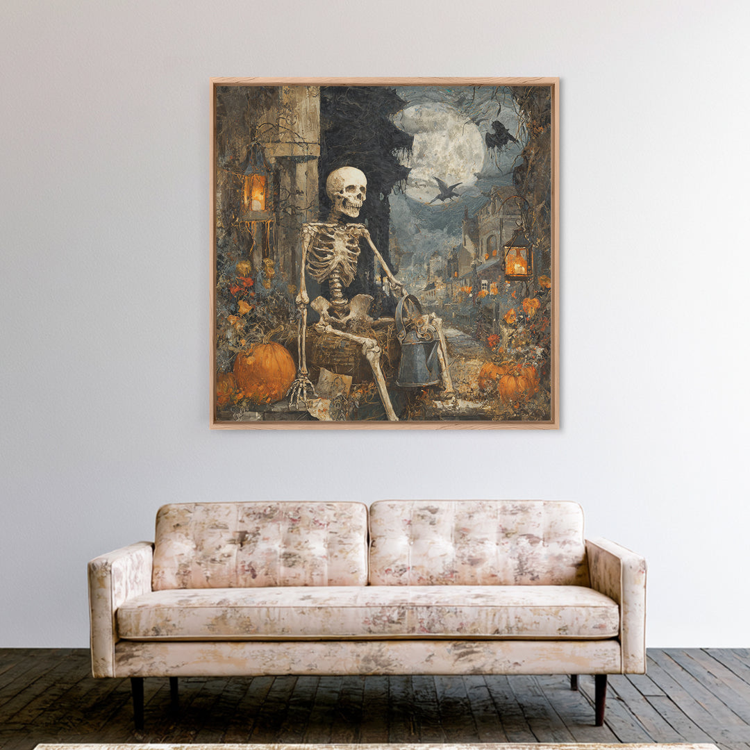 The Skeleton Gardeners, Square Wall Art, Macabre Wall Art, Framed Canvas Print, Halloween Wall Decor, Gothic Home Decor