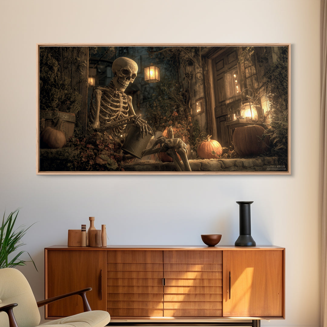 The Skeleton Gardeners, Wide Panoramic Art, Dark Fantasy Wall Art, Canvas Print, Halloween Wall Decor, Gothic Home Decor, Spooky Wall Decor