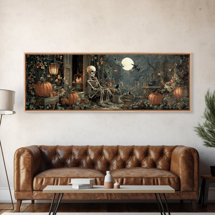 The Skeleton Gardeners, Extra Wide Wall Art, Gothic Horror Wall Art, Framed Canvas Print, Halloween Wall Decor, Gothic Home Decor