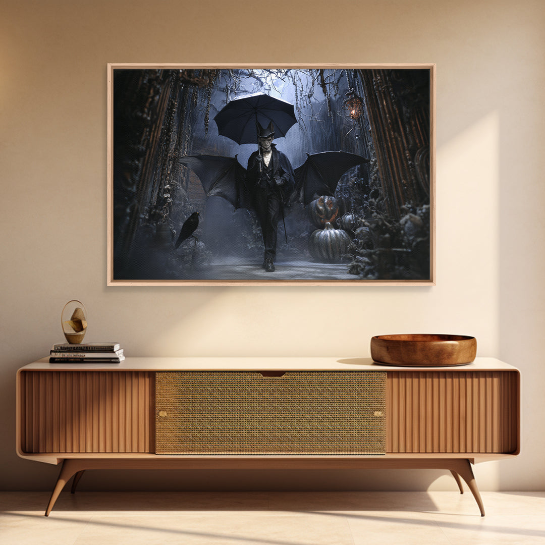 The Bat Umbrella Salesman, Landscape Wall Art, Gothic Horror Wall Art, Framed Canvas Print, Halloween Wall Decor, Gothic Home Decor