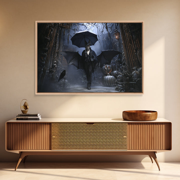 The Bat Umbrella Salesman, Landscape Wall Art, Gothic Horror Wall Art, Framed Canvas Print, Halloween Wall Decor, Gothic Home Decor
