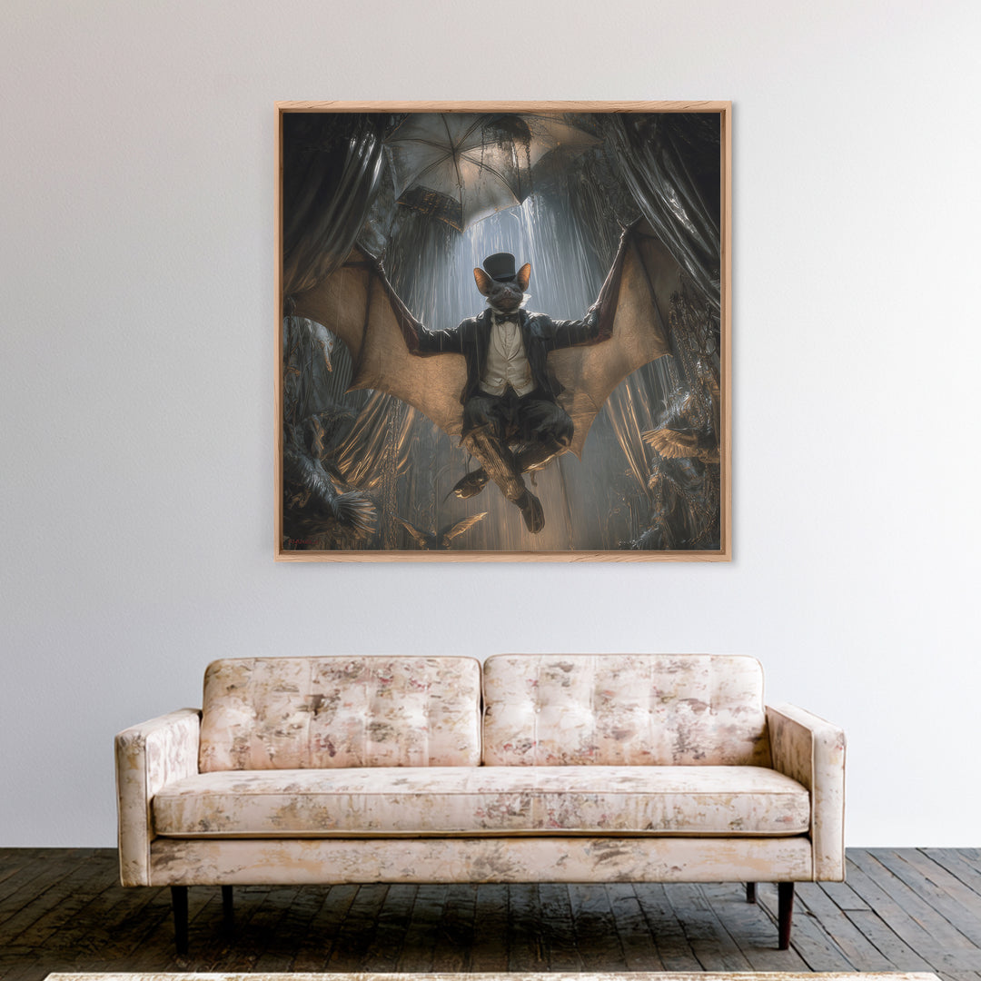 The Bat Umbrella Salesman, Square Wall Art, Gothic Horror Wall Art, Framed Canvas Print, Halloween Wall Decor, Gothic Home Decor