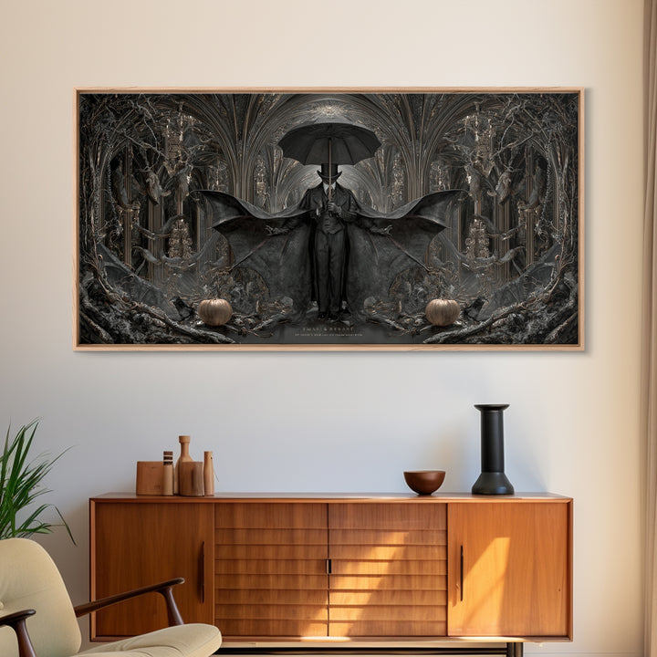 The Bat Umbrella Salesman, Wide Panoramic Art, Dark Fantasy Wall Art, Canvas Print, Halloween Wall Decor, Gothic Home Decor