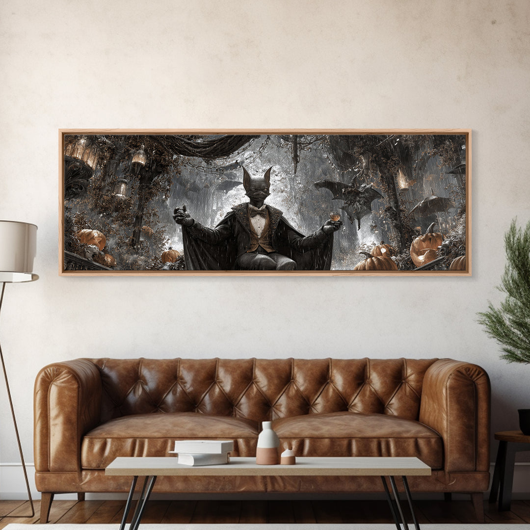 The Bat Umbrella Salesman, Extra Wide Wall Art, Macabre Wall Art, Framed Canvas Print, Halloween Wall Decor, Gothic Home Decor