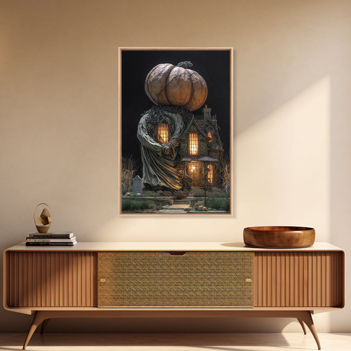 The Pumpkin-House Neighborhood, Vertical Wall Art, Macabre Wall Art, Framed Canvas Print, Halloween Wall Decor, Gothic Home Decor