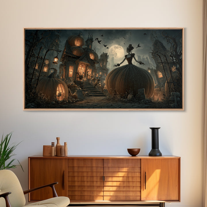 The Pumpkin-House Neighborhood, Wide Panoramic Art, Gothic Horror Wall Art, Framed Canvas Print, Halloween Wall Decor, Gothic Home Decor