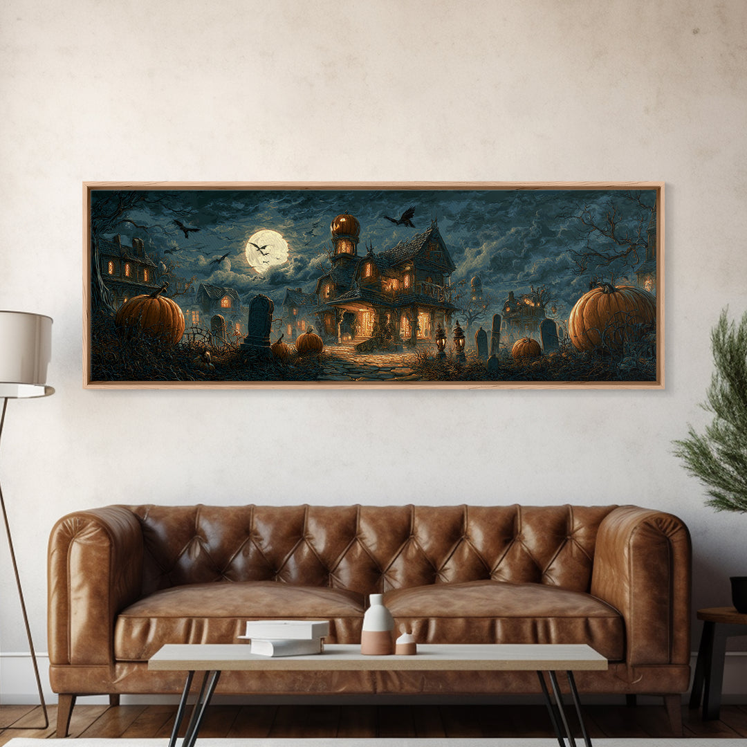 The Pumpkin-House Neighborhood, Extra Wide Wall Art, Spooky Home Decor, Canvas Print, Halloween Wall Decor, Gothic Home Decor