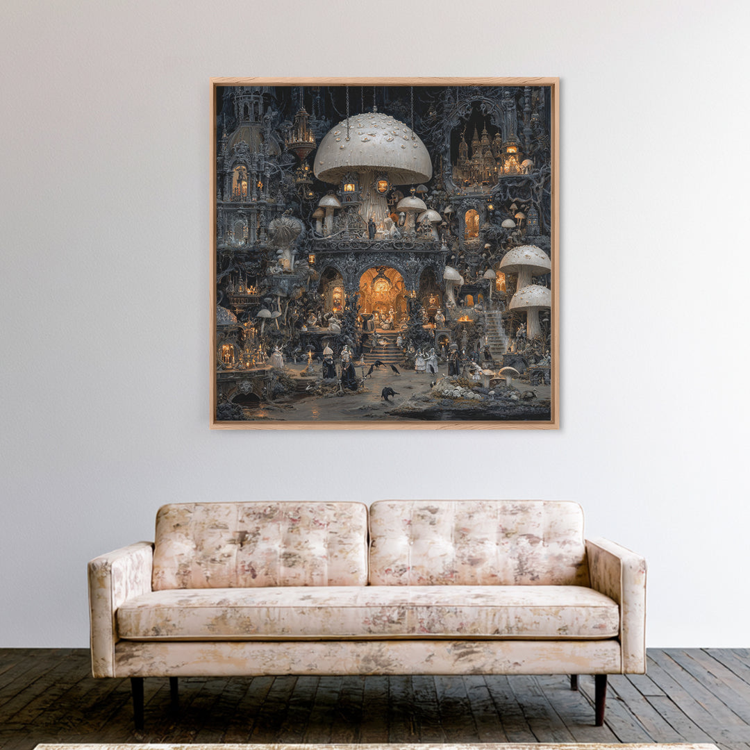 The Moonlit Mushroom Village, Square Wall Art, Dark Halloween Decor, Canvas Print, Halloween Wall Decor, Gothic Home Decor