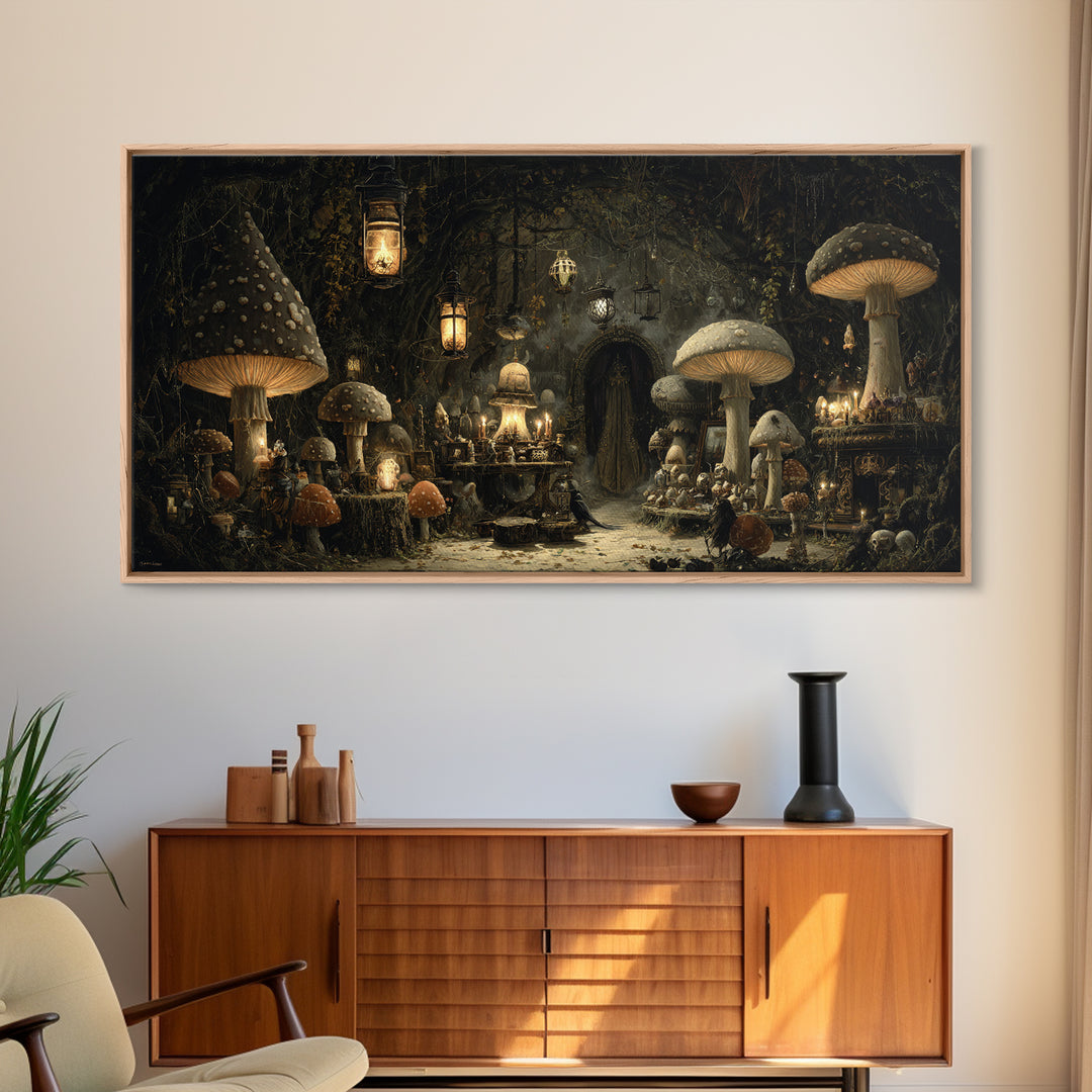 The Moonlit Mushroom Village, Wide Panoramic Art, Macabre Wall Art, Framed Canvas Print, Halloween Wall Decor, Gothic Home Decor