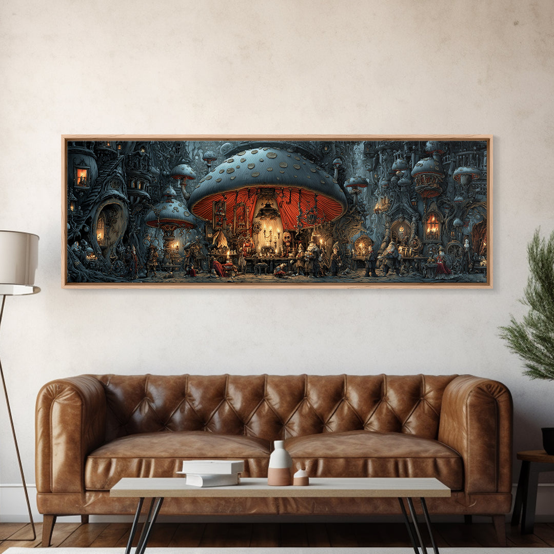 The Moonlit Mushroom Village, Extra Wide Wall Art, Gothic Horror Wall Art, Framed Canvas Print, Halloween Wall Decor, Gothic Home Decor