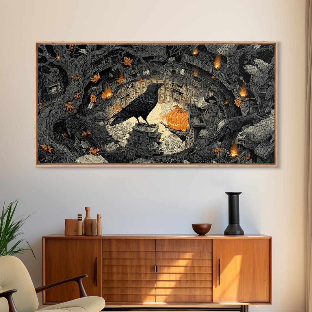 The Raven Post Office, Wide Panoramic Art, Spooky Home Decor, Canvas Print, Halloween Wall Decor, Gothic Home Decor, Halloween Wall Art