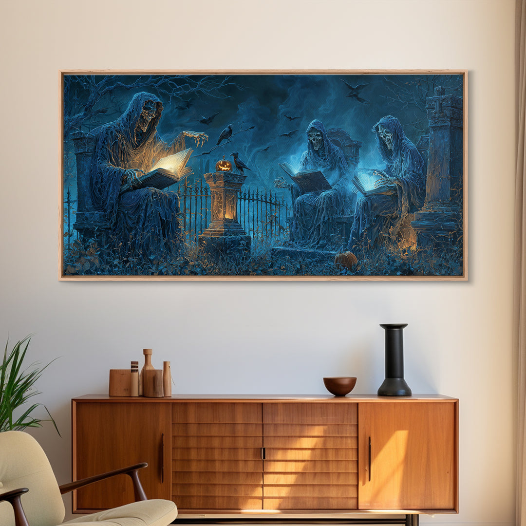 The Graveyard Book Club, Wide Panoramic Art, Macabre Wall Art, Framed Canvas Print, Halloween Wall Decor, Gothic Home Decor, Horror Wall Art