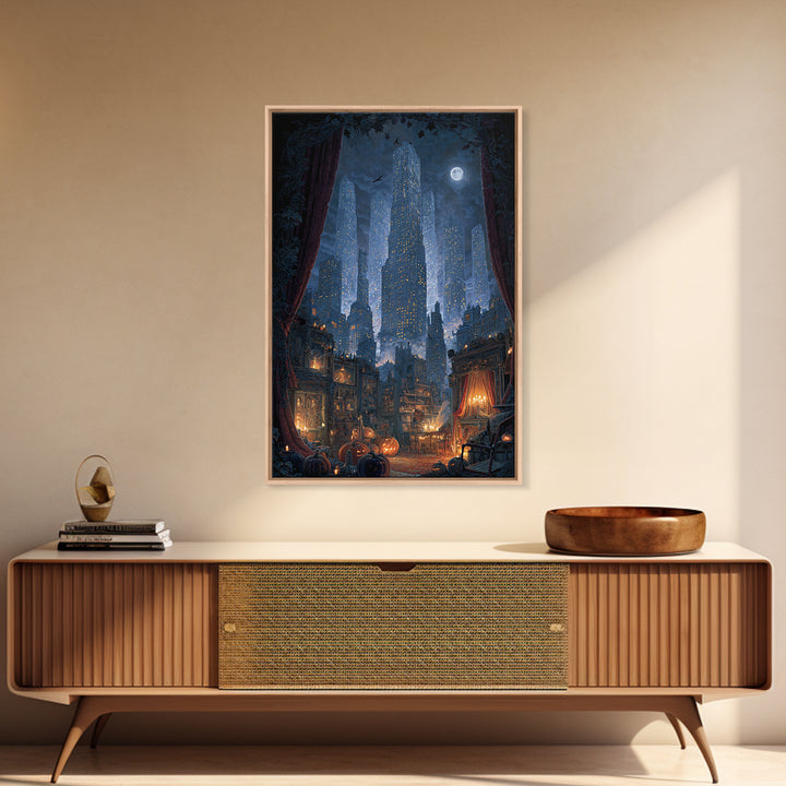 The Haunted City Skyline, Vertical Wall Art, Haunted Gothic Art, Framed Canvas Print, Halloween Wall Decor, Gothic Home Decor