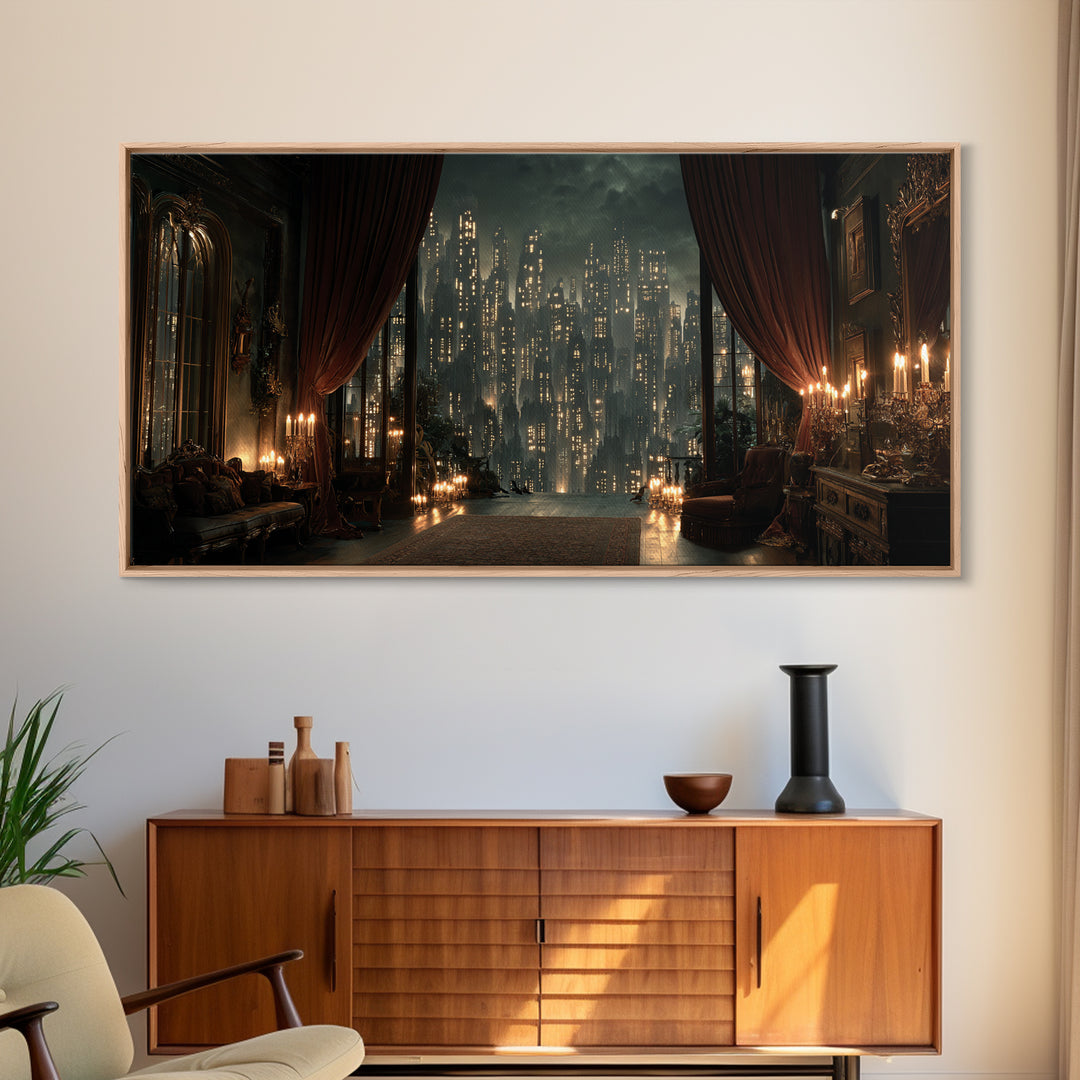 The Haunted City Skyline, Wide Panoramic Art, Dark Fantasy Wall Art, Canvas Print, Halloween Wall Decor, Gothic Home Decor