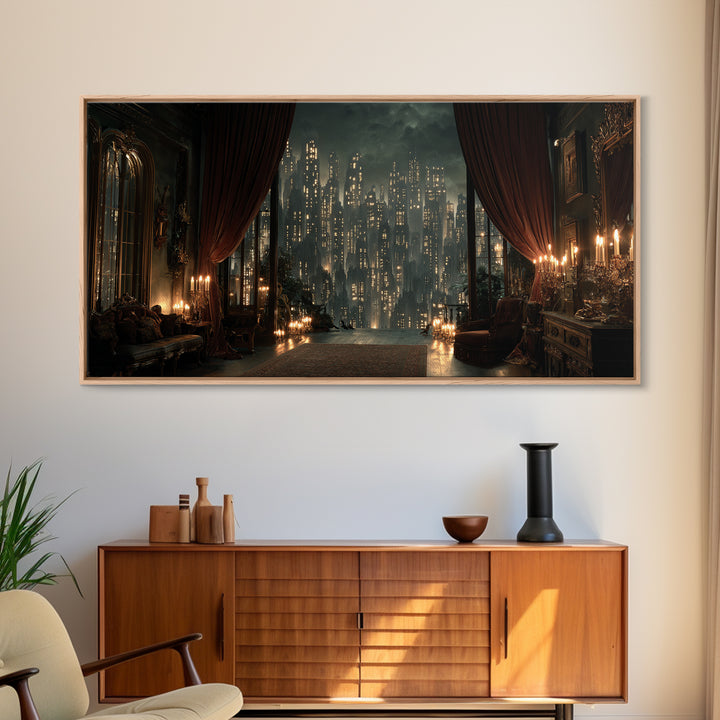The Haunted City Skyline, Wide Panoramic Art, Dark Fantasy Wall Art, Canvas Print, Halloween Wall Decor, Gothic Home Decor