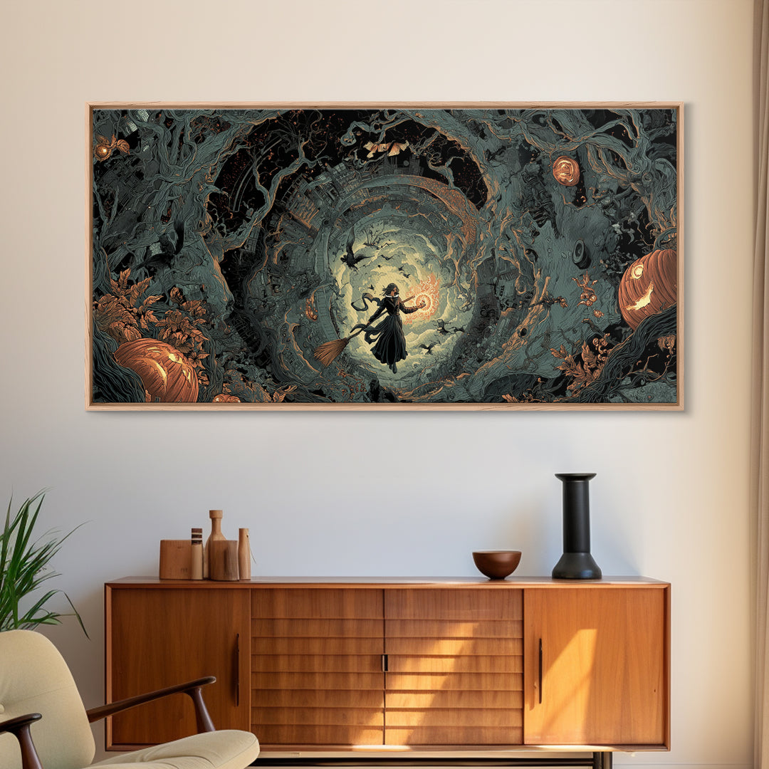 The Cyberpunk Witch, Wide Panoramic Art, Haunted Gothic Art, Framed Canvas Print, Halloween Wall Decor, Gothic Home Decor