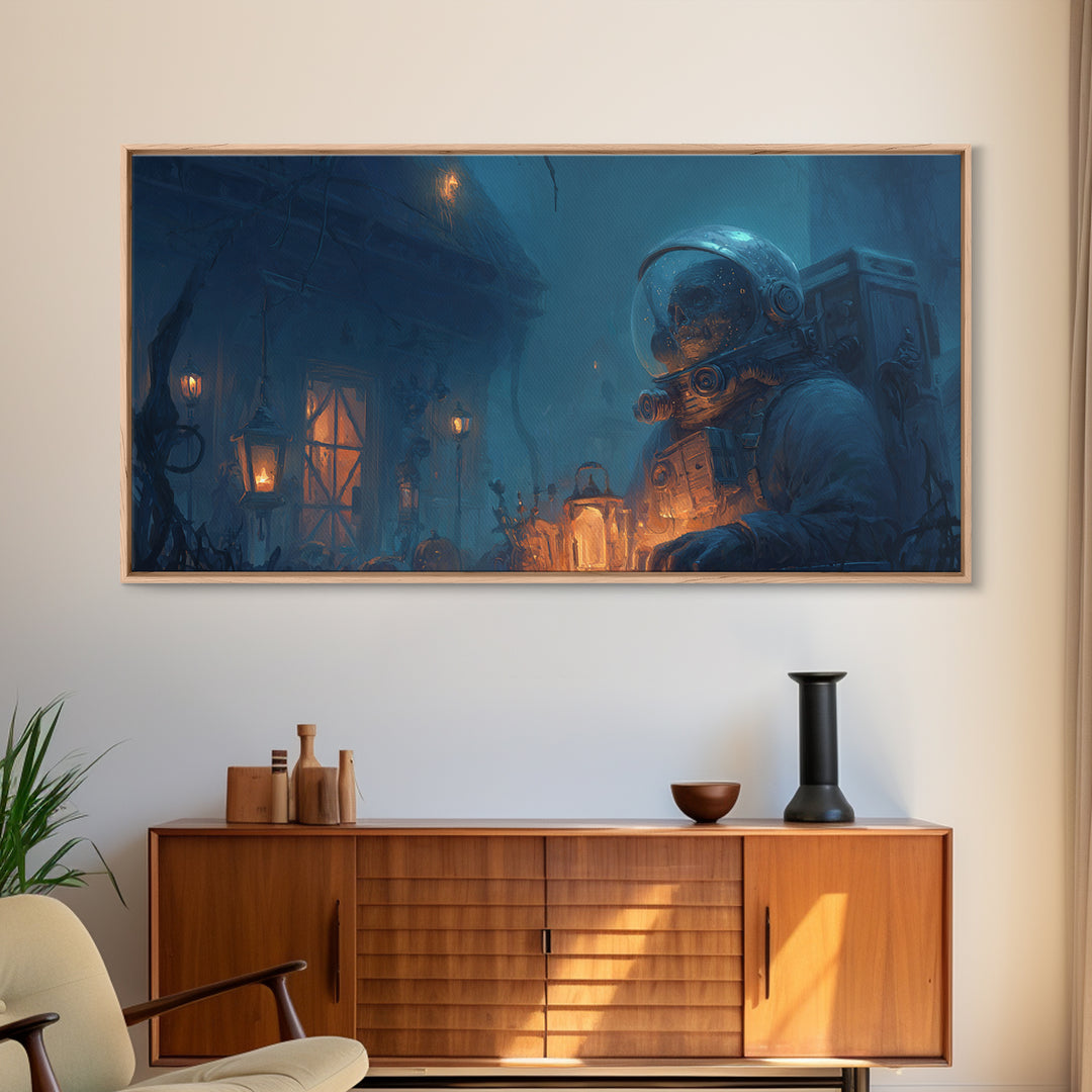 The Astronaut Ghost, Wide Panoramic Art, Dark Fantasy Wall Art, Canvas Print, Halloween Wall Decor, Gothic Home Decor